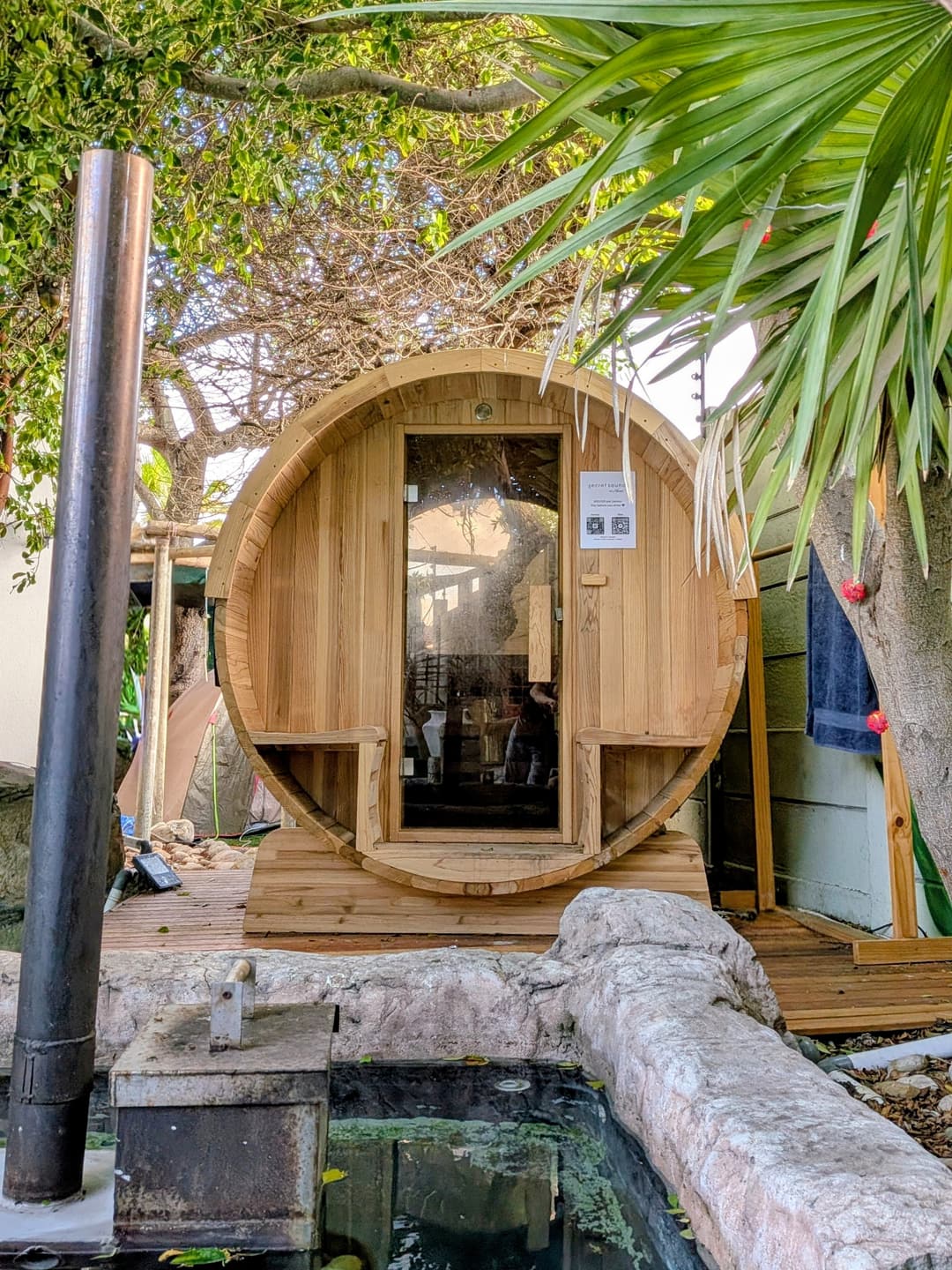 The wood-fired barrel sauna at Khaya